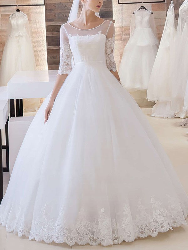 Beautiful Ball Gown Illusion Tulle Floor-length Wedding Dresses With Appliques Lace