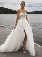 Beautiful Ball Gown Sweetheart Tulle Sweep Train Wedding Dresses With Split Front