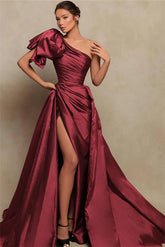 Beautiful Burgundy One Shoulder Mermaid Prom Dress With Split