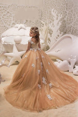 Beautiful Long A-line Bateau Appliques Lace Sequins Tulle Train Flower Girl Dress-27dress