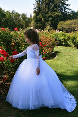 Beautiful Long A-line Tulle Lace Beaded Flower Girl Dresses With Sleeves-27dress