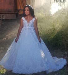 Beautiful Long A-line V-neck Spaghetti Straps Appliques Lace Flower Girl Dress-27dress