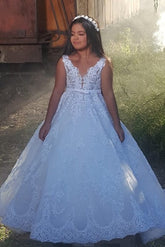 Beautiful Long A-line V-neck Spaghetti Straps Appliques Lace Flower Girl Dress-27dress