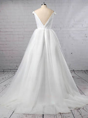 Beautiful Off-the-Shoulder Wedding Dress with Ruffles and Tulle Sweep Train