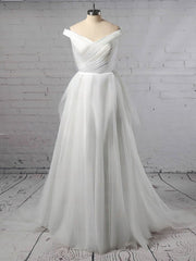 Beautiful Off-the-Shoulder Wedding Dress with Ruffles and Tulle Sweep Train