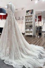 Beautiful Sleeveless Tulle Lace V Neck Ruffles A-Line Wedding Dresses Long-27dress