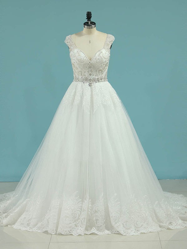 Beautiful V-neck Ball Gown Tulle Court Train Wedding Dress With Beading