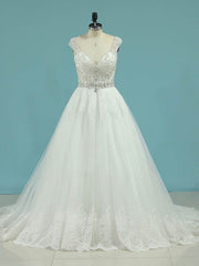 Beautiful V-neck Ball Gown Tulle Court Train Wedding Dress With Beading