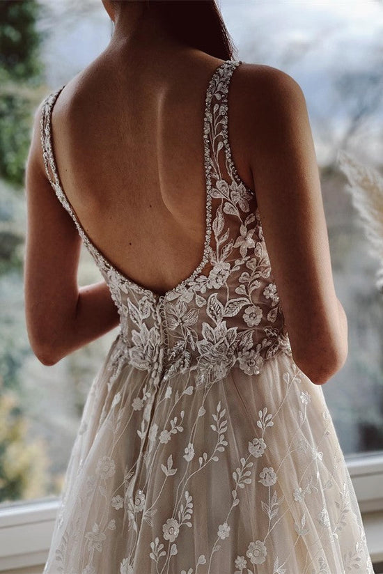 Beautiful V-Neck Wedding Dress Lace Sleeveless Online-27dress