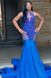 Royal Blue Long Sleeveless Evening Dress with Tulle Appliques and Beadings