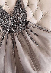 27Dress Short Homecoming Dress beaded V neck bodice with layered tulle skirt in blush taupe