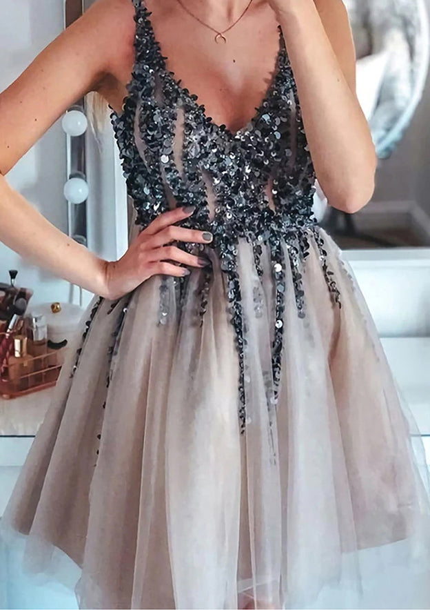 27Dress Short Homecoming Dress gray sequin beaded V neck bodice with layered tulle skirt