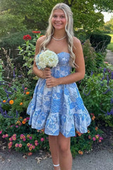 Floral Homecoming Dresses blue strapless sweetheart corset dress with tiered skirt
