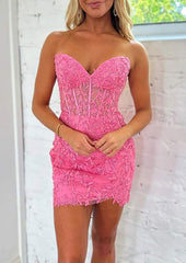 27Dress pink strapless Lace Homecoming Dress with sweetheart corset bodice floral lace short skirt