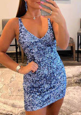 Sequins Homecoming Dress blue fitted V neck mini bodycon with matching earrings mirror selfie