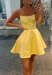 Short Homecoming Dress yellow satin fit and flare with spaghetti straps square neckline above knee