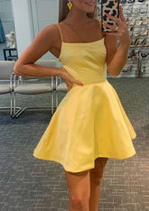 Yellow satin spaghetti strap Short Homecoming Dress with square neckline and flared A line skirt