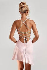 27dress Short Homecoming Dresses light pink strappy lace up open back mini dress with asymmetrical ruffle hem