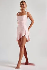27dress light pink square neck fitted mini dress with ruched bodice and asymmetrical ruffle hem on model Short Homecoming Dresses