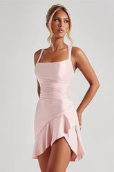 27dress light pink short square neck dress with ruched waist and asymmetrical ruffle hem on model Short Homecoming Dresses