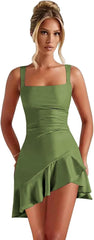27dress olive green square neck sleeveless ruched waist asymmetrical ruffle mini dress Short Homecoming Dresses