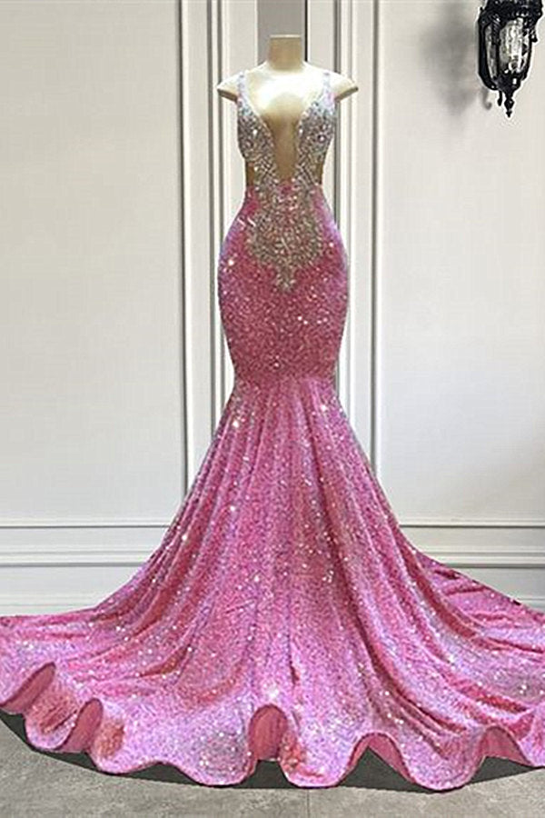 27Dress Chic Long Mermaid Sequined Sleeveless Straps Beading Prom Dress-27Dress