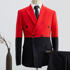 Black And Red Peaked Lapel Double Breasted Prom Suit