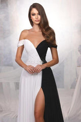 Black And White Off the Shoulder Beadings Long Prom Dress With Front Split