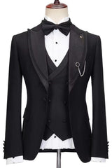 Bespoke Peaked Lapel Three Pieces Black Wedding Suits