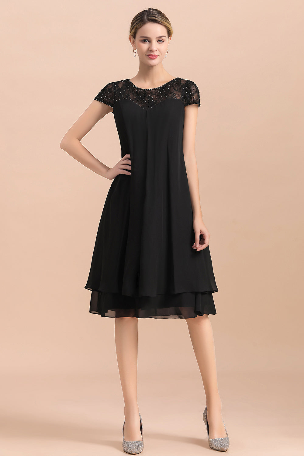 Black Chiffon Short Sleeves Lace Mother of the Bride Dress-27dress