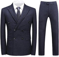 Double Breasted Peaked Lapel Striped Men Black Wedding Suits