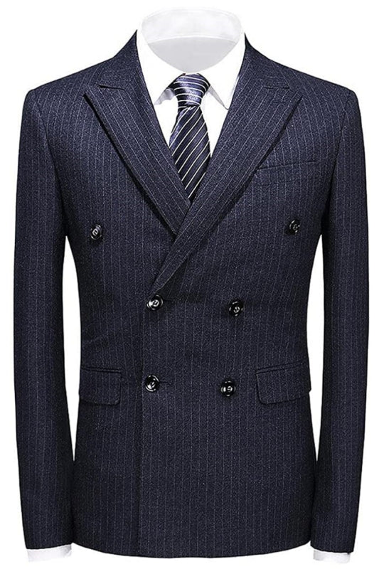 Double Breasted Peaked Lapel Striped Men Black Wedding Suits