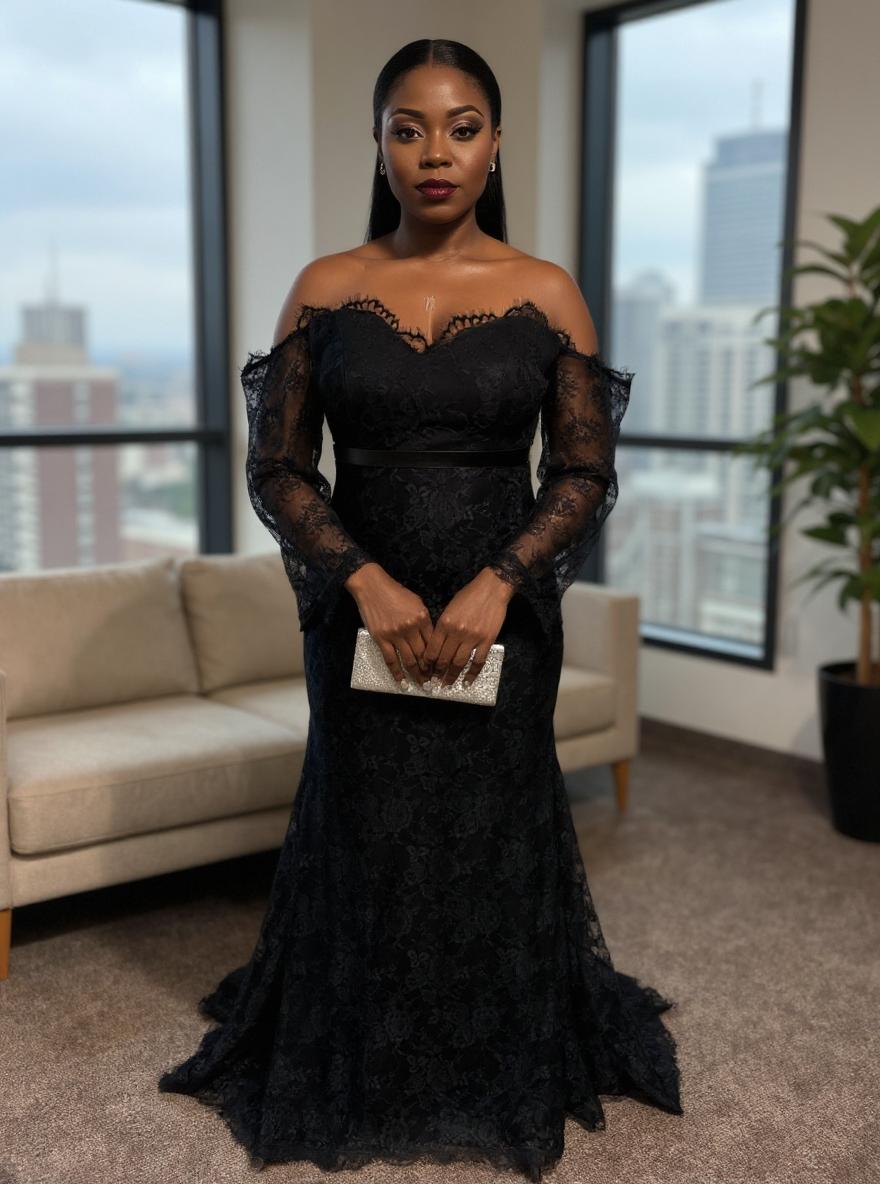 27DRESS Black Elegant Long Sleeves Mermaid Evening Dresses with Sash