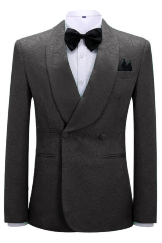 Floarl Jacquard Double Breasted Black Wedding Suits TwoPiece Tuxedos with Shawl Lapel