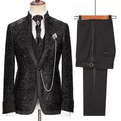 Glaring Stand Collar Fashion Three Pieces Black Prom Suits