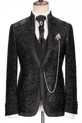 Glaring Stand Collar Fashion Three Pieces Black Prom Suits