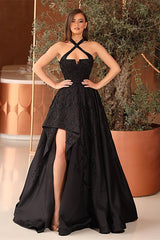 Black Halter Split A Line Prom Dress With Appliques For Party