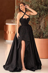 Black Halter Split A Line Prom Dress With Appliques For Party