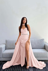 Black Halter Strapless Sweetheart Sleeveless Mermaid Split Prom Dress With Gloves