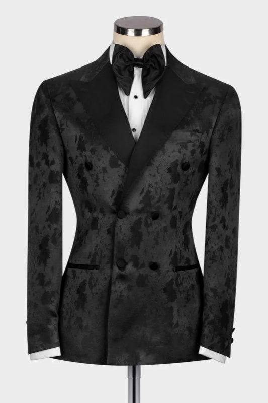 Black Jacquard Peaked Lapel Double Breasted Wedding Men Suits