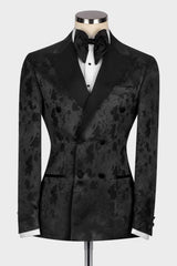 Black Jacquard Peaked Lapel Double Breasted Wedding Men Suits