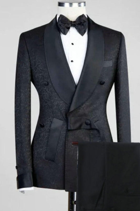 Jacquard Shawl Lapel Double Breasted Black Wedding Suits