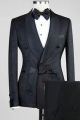 Jacquard Shawl Lapel Double Breasted Black Wedding Suits