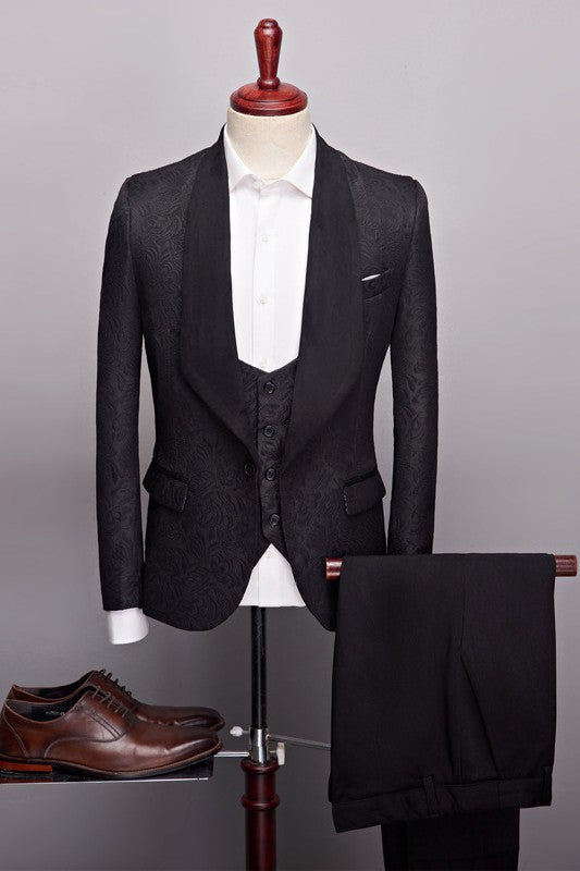 Jacquard Three Pieces One Button Black Wedding Suits for Men