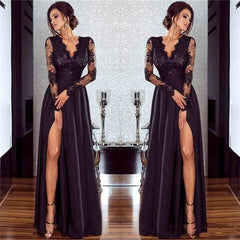 27dress elegant black lace formal dresses with long sleeves and thigh-high slit for prom
