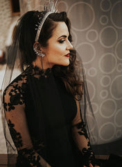 Black Long Mermaid High Neck Lace Tulle Wedding Dress with Sleeves-27dress