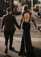 Black Long Mermaid High Neck Lace Tulle Wedding Dress with Sleeves-27dress