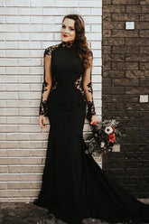 Black Long Mermaid High Neck Lace Tulle Wedding Dress with Sleeves-27dress