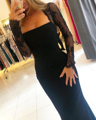 Black Long Mermaid Square Neckline Backless Prom Dress with Sleeves-27Dress