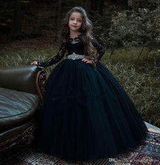 Black Long Sleeve Appliques Lace Pearl Bateau Tulle Princess Flower Girl Dress-27dress